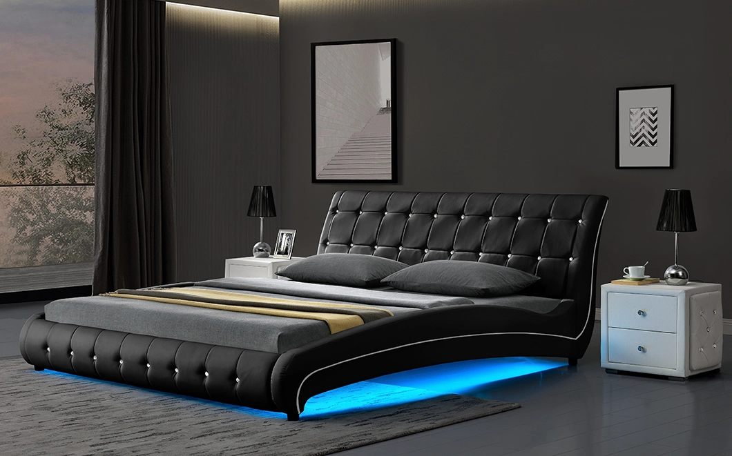 Willsoon 1144-1 Italy Style Buttoned Design PU Synthetic Luxury Double Bed Frame with Stylish Curve&LED Light